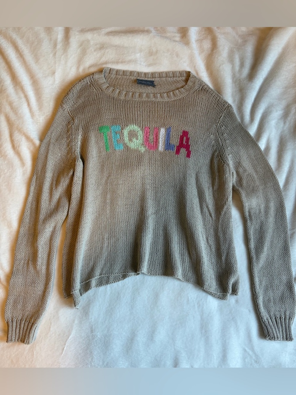 Wooden Ships Beige Crewneck Sweater with Multicolor TEQUILA Lettering